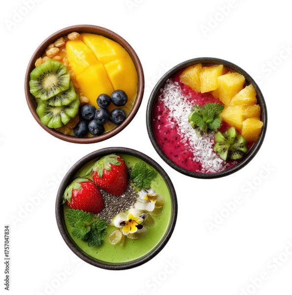 Obraz Colorful healthy smoothie bowls kitchen food bright top-down isolated on transparent background