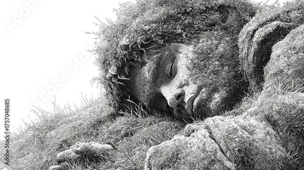 Fototapeta A peaceful giant sleeps embraced by nature s gentle touch a serene guardian dreaming of forests in a detailed black and