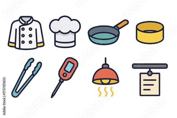 Fototapeta Colorful cooking icons set: chef jacket, hat, pan, bowl, tongs, thermometer, lamp, menu