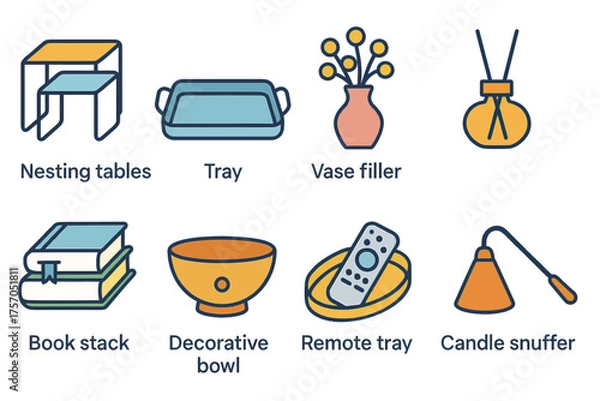 Fototapeta Home decor elements: nesting tables, tray, vase filler, book stack, decorative bowl, remote tray, candle snuffer