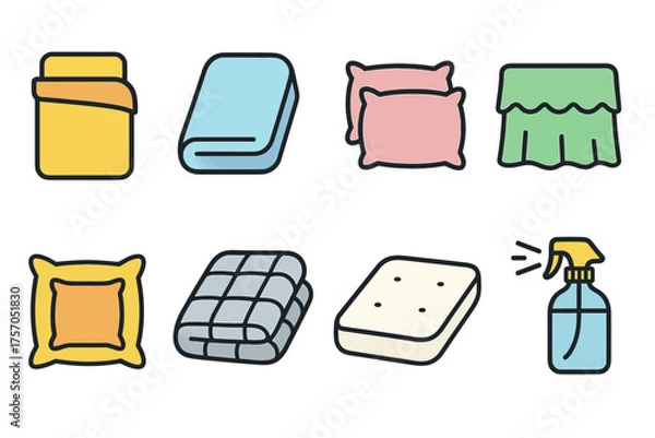 Fototapeta Colored home bedding essentials: pillows, sheets, blanket, and more