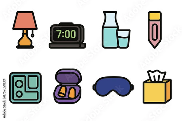 Fototapeta Bedside essentials: lamp, alarm, carafe, pencil, earplugs, sleep mask, tissue