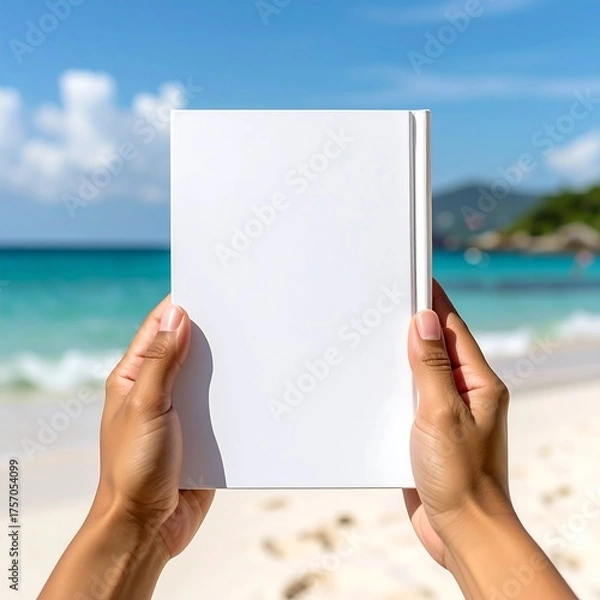 Fototapeta Hands hold a blank white book on a beach