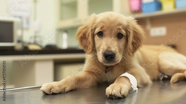 Fototapeta An Adorable Golden Retriever Puppy With Clear, Innocent Eyes Lies on an Examination Table in a Veterinary Clinic—Looking Calm and Curious, Capturing a Gentle Moment of Pet Healthcare Check-Up