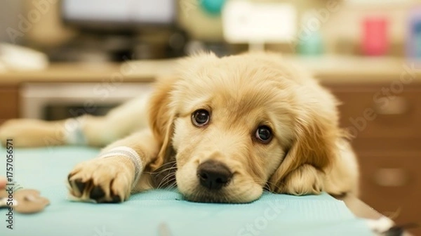 Fototapeta An Adorable Golden Retriever Puppy With Clear, Innocent Eyes Lies on an Examination Table in a Veterinary Clinic—Looking Calm and Curious, Capturing a Gentle Moment of Pet Healthcare Check-Up