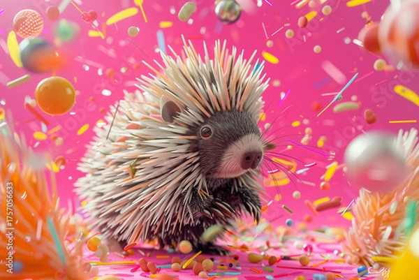 Fototapeta A charming illustration of a porcupine surrounded by playful elements on a vibrant pink backdrop, showcasing the adorable and unique characteristics of this spiky animal in a whimsical and delightful 