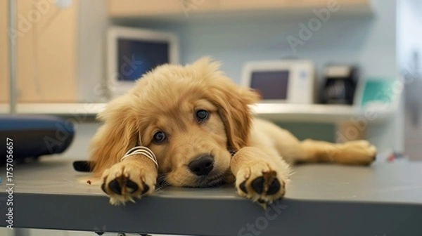 Fototapeta An Adorable Golden Retriever Puppy With Clear, Innocent Eyes Lies on an Examination Table in a Veterinary Clinic—Looking Calm and Curious, Capturing a Gentle Moment of Pet Healthcare Check-Up