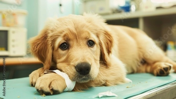 Fototapeta An Adorable Golden Retriever Puppy With Clear, Innocent Eyes Lies on an Examination Table in a Veterinary Clinic—Looking Calm and Curious, Capturing a Gentle Moment of Pet Healthcare Check-Up