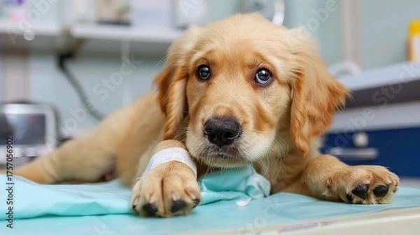 Fototapeta An Adorable Golden Retriever Puppy With Clear, Innocent Eyes Lies on an Examination Table in a Veterinary Clinic—Looking Calm and Curious, Capturing a Gentle Moment of Pet Healthcare Check-Up