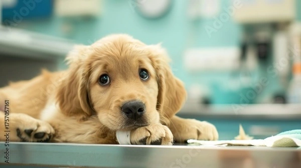 Fototapeta An Adorable Golden Retriever Puppy With Clear, Innocent Eyes Lies on an Examination Table in a Veterinary Clinic—Looking Calm and Curious, Capturing a Gentle Moment of Pet Healthcare Check-Up