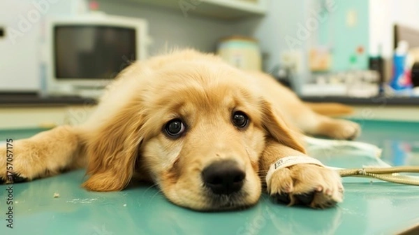Fototapeta An Adorable Golden Retriever Puppy With Clear, Innocent Eyes Lies on an Examination Table in a Veterinary Clinic—Looking Calm and Curious, Capturing a Gentle Moment of Pet Healthcare Check-Up