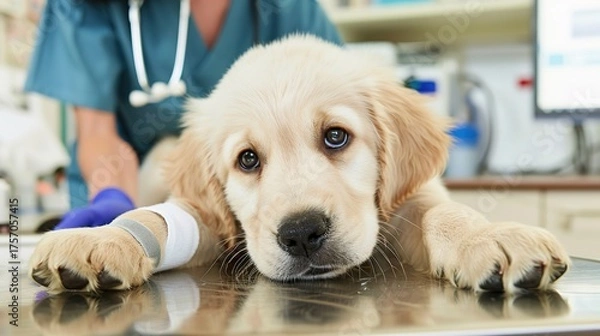 Fototapeta An Adorable Golden Retriever Puppy With Clear, Innocent Eyes Lies on an Examination Table in a Veterinary Clinic—Looking Calm and Curious, Capturing a Gentle Moment of Pet Healthcare Check-Up
