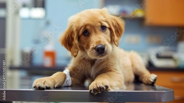 Fototapeta An Adorable Golden Retriever Puppy With Clear, Innocent Eyes Lies on an Examination Table in a Veterinary Clinic—Looking Calm and Curious, Capturing a Gentle Moment of Pet Healthcare Check-Up