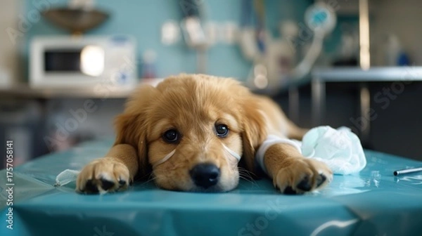 Fototapeta An Adorable Golden Retriever Puppy With Clear, Innocent Eyes Lies on an Examination Table in a Veterinary Clinic—Looking Calm and Curious, Capturing a Gentle Moment of Pet Healthcare Check-Up