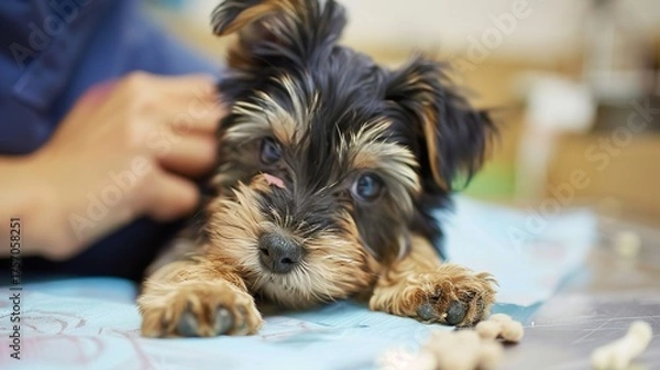 Fototapeta An Adorable Yorkshire Terrier Puppy With Clear, Innocent Eyes Lies on an Examination Table in a Veterinary Clinic—Looking Calm Yet Curious, Capturing a Gentle Moment of Pet Healthcare Check-Up