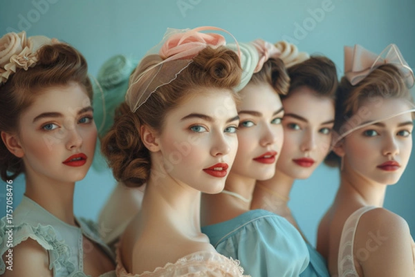 Fototapeta A collection of elegant women exude happiness and nostalgia in their vintage-inspired attire, set against a tranquil light blue background that effortlessly transports us to a timeless era of joy and 