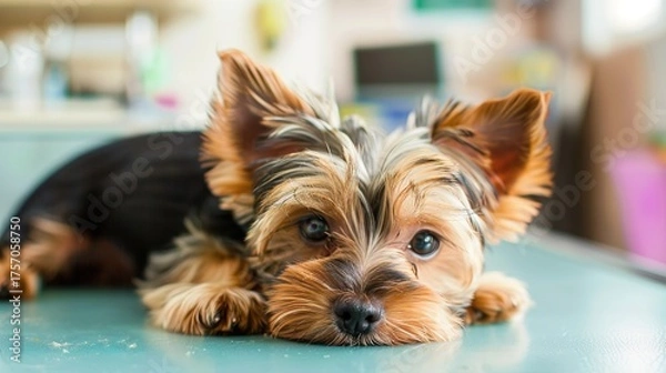 Fototapeta An Adorable Yorkshire Terrier Puppy With Clear, Innocent Eyes Lies on an Examination Table in a Veterinary Clinic—Looking Calm Yet Curious, Capturing a Gentle Moment of Pet Healthcare Check-Up