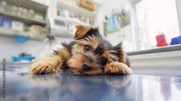 Fototapeta An Adorable Yorkshire Terrier Puppy With Clear, Innocent Eyes Lies on an Examination Table in a Veterinary Clinic—Looking Calm Yet Curious, Capturing a Gentle Moment of Pet Healthcare Check-Up
