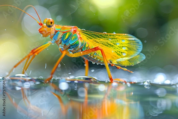 Fototapeta A colorful invertebrate gracefully moves on a glistening surface, its bright yellow wings reflecting the natural beauty of the outdoor aquarium in a mesmerizing display of vibrancy and grace  