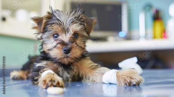 Fototapeta An Adorable Yorkshire Terrier Puppy With Clear, Innocent Eyes Lies on an Examination Table in a Veterinary Clinic—Looking Calm Yet Curious, Capturing a Gentle Moment of Pet Healthcare Check-Up