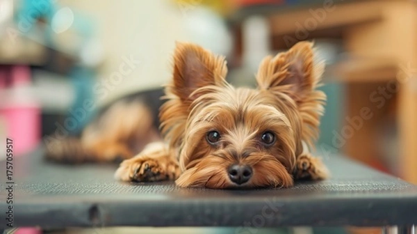 Fototapeta An Adorable Yorkshire Terrier Puppy With Clear, Innocent Eyes Lies on an Examination Table in a Veterinary Clinic—Looking Calm Yet Curious, Capturing a Gentle Moment of Pet Healthcare Check-Up