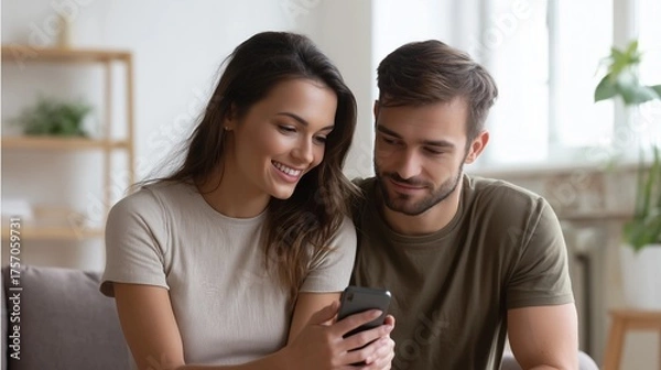 Fototapeta Woman and man sit side by side in modern living room,holding smartphone while smiling,copy space