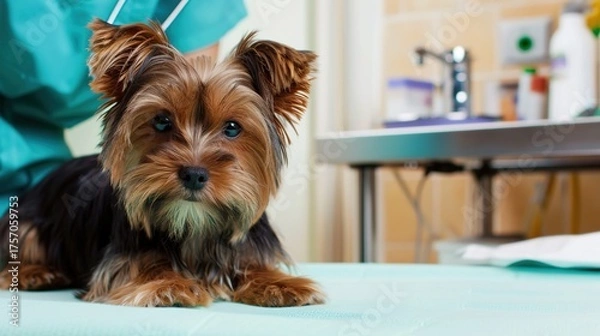 Fototapeta An Adorable Yorkshire Terrier Puppy With Clear, Innocent Eyes Lies on an Examination Table in a Veterinary Clinic—Looking Calm Yet Curious, Capturing a Gentle Moment of Pet Healthcare Check-Up