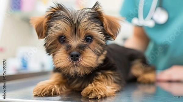 Fototapeta An Adorable Yorkshire Terrier Puppy With Clear, Innocent Eyes Lies on an Examination Table in a Veterinary Clinic—Looking Calm Yet Curious, Capturing a Gentle Moment of Pet Healthcare Check-Up