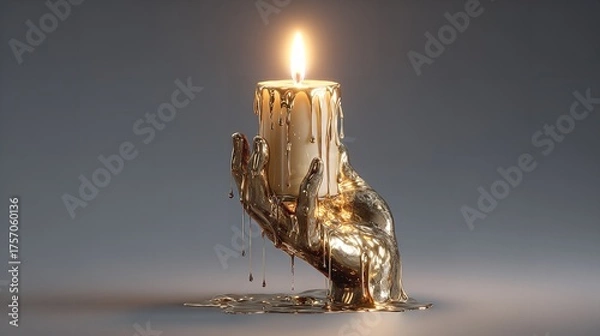 Fototapeta A golden hand offering light and hope through a candle with dripping wax symbolizing warmth and remembrance against a