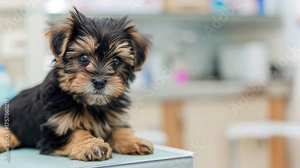 Fototapeta An Adorable Yorkshire Terrier Puppy With Clear, Innocent Eyes Lies on an Examination Table in a Veterinary Clinic—Looking Calm Yet Curious, Capturing a Gentle Moment of Pet Healthcare Check-Up