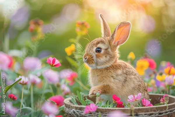 Fototapeta A cute bunny peacefully enjoying the colorful blooms in a serene meadow  