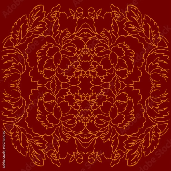 Fototapeta Elegant golden floral ornament vector pattern on red background with symmetrical decorative design for luxury artwork
