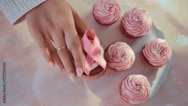 Fototapeta Delicate pink rose shaped pastries arranged artfully on a white plate with a hand gently touching one