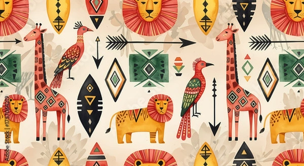 Obraz Vibrant watercolor African animals pattern art for textiles and surface designs