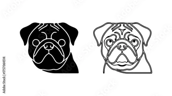 Fototapeta Pug head outline and solid shapes with transparent background