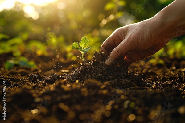Fototapeta A heartwarming moment showcasing tender love and attention given to cultivating and enriching garden soil, symbolizing beautiful bond between individuals and natural world   