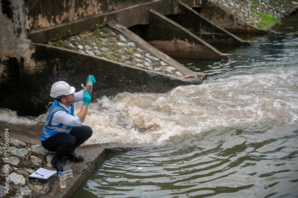 Obraz Wastewater treatment worker is collecting samples of water from a public well