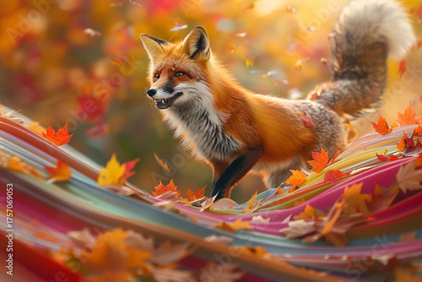 Fototapeta A joyful fox gracefully surfing on vibrant waves of rainbow-colored leaves, embodying a sense of freedom and adventure in a whimsical and enchanting autumn setting  