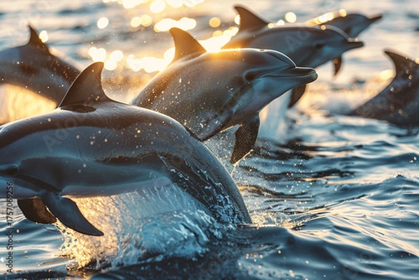 Fototapeta A joyful group of dolphins playing in the warm sunlight, showcasing their playful and carefree nature in the beautiful ocean setting  