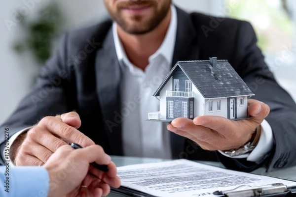 Obraz Real estate agent presents model house to client negotiating contract