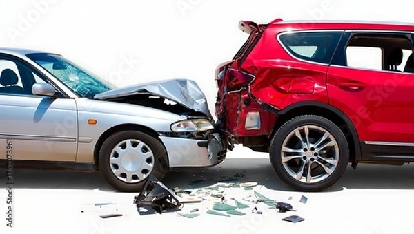Obraz Severe car accident with damaged vehicles after collision isolated on white