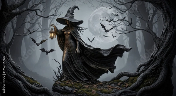 Fototapeta Mysterious Witch in a Black Cloak and Hat Holding a Lantern in a Spooky Forest with Bare Trees Bats and a Full Moon