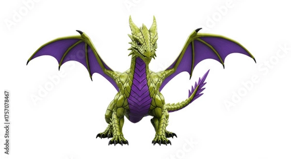 Fototapeta Isolated green dragon figurine with purple wings and chest, viewed from the front, facing the viewer