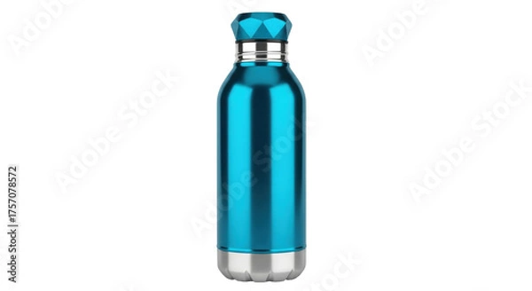 Fototapeta Isolated blue metal water bottle with a faceted cap and silver accents for hydration on the go