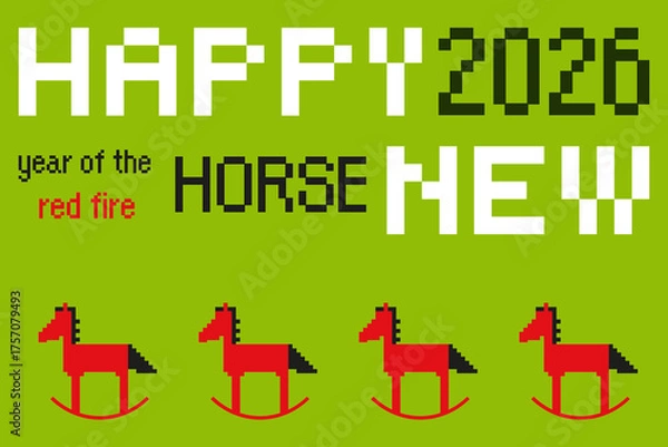 Obraz Happy New Year 2026. Year of the Red Fire Horse. Pixel Art Trendy Design for web banner, poster, invitation, card