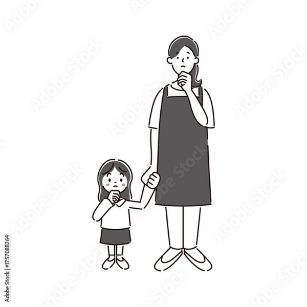 Obraz 考えている女性保育士と女の子の園児のシンプルな白黒の線画イラスト素材