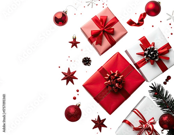 Obraz Overhead view of gift boxes, ornaments, and stars on a dark background; holiday