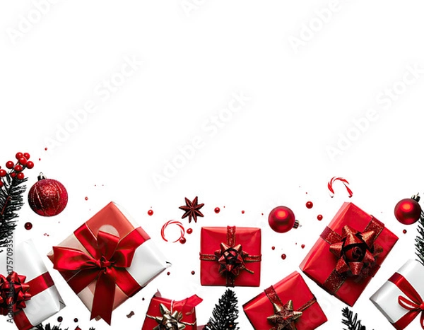 Obraz Festive arrangement of wrapped presents and ornaments with dark background