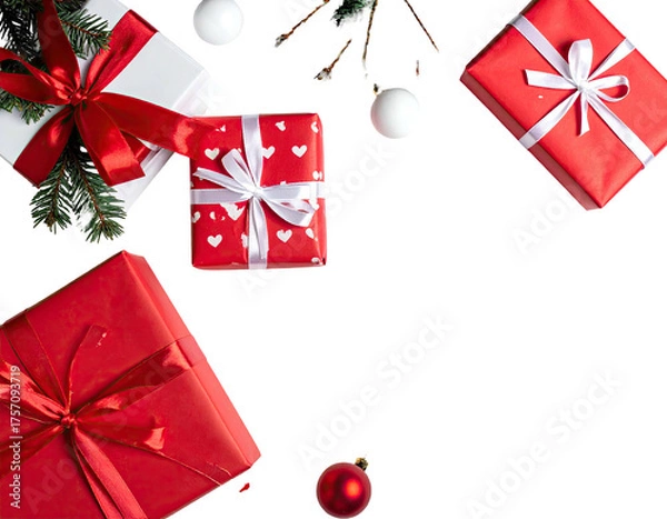 Fototapeta Overhead view features various wrapped presents with ribbons and ornaments scattered on a black backdrop