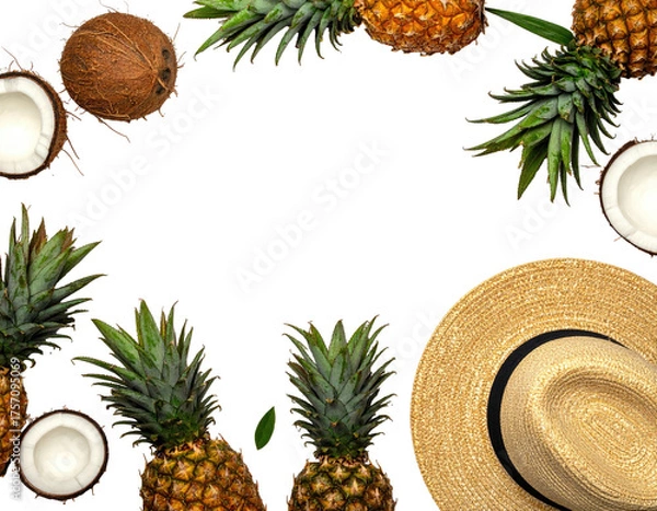 Obraz Tropical fruit and sun hat form a border against a black background